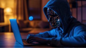 picture of a hacker with mask on a computer. concept of need for cybersecurity.