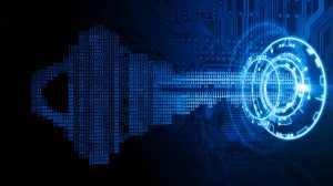 Cyber security concept; a key formed from binary code goes into an abstract lock