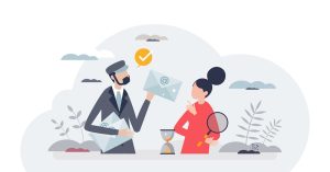 Email marketing with targeted promotion letter delivery tiny person concept, transparent background. Correspondence distribution with postman as reliable and personalized promotion offer