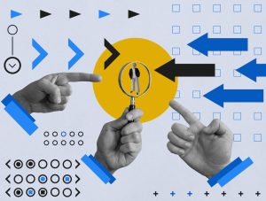 Collage about customer focus. The hand holds a magnifying glass and a client. Personalization.
