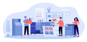 Print production concept. Typography workers using big commercial printer for printing colorful posters. Vector illustration for ad agency, printing industry, typography topics