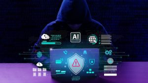 Cyber ​​security and Tech warning or scam concept. Hackers utilize AI (Artificial Intelligence) algorithms to automate phishing attacks, increasing speed, scalability, and sophistication. AI robot hacking.