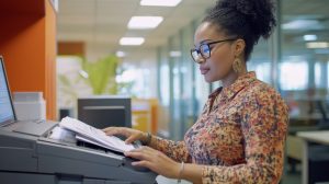 woman using new office copier. copier upgrade concept.