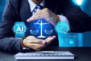 AI ethical concept with businessman holding balance justice to encourage ai user no patent infringement 