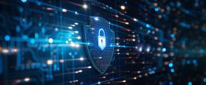 Shield icon on secure global network representing cyber security and information protection, advanced technology concept. Security with operating software update, Windows 11.