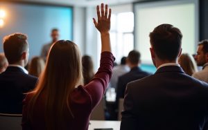 business person in a meeting raising hand to ask a question
