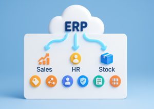 Enterprise resource planning concept with sales, human resources, and stock management icons 
