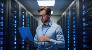 IT professional assessing technology infrastructure in a modern server room with blue LED lighting