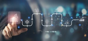 Future growth with AI Powered innovation, business growth concept. AI adoption for business. Hand interacts with digital interface displaying growth, innovation and AI investment, productivity icons.