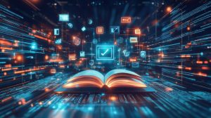 Open book, digital data stream, glowing icons, verification, future learning. Data modernization concept.
