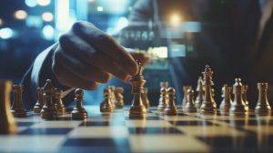 businessman positions a chess piece on a financial board game, showcasing a strategic mindset and analytical thinking.