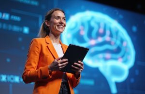Female executive presents at tech conference. Woman holds tablet, speaks, smiles. Event focuses AI machine learning. Speaker showcases advanced tech on stage discussing innovative solutions.