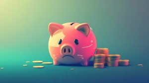 Little sad piggy bank cartoon illustration, pink piggy bank covered in gold coins and money, saving money and getting rich concept, golden coins and asset management, savings related, fail in savings