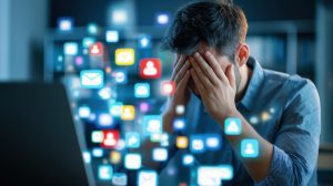 Man overwhelmed by digital notifications. Frustrated person holding head in hands surrounded by floating app icons, representing information overload and digital stress