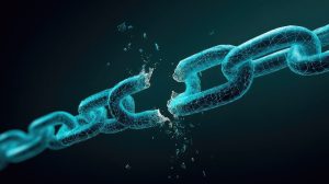 A fractured chain link, digitally rendered, against a dark teal backdrop. Concept of IT vulnerabilities.