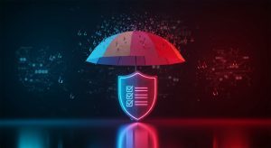 Avibrant, multi-colored umbrella sheltering a glowing neon shield from symbolic raindrops. The shield features a checklist, representing compliance, policy verification, and successful security protocols. Cyber insurance concept.