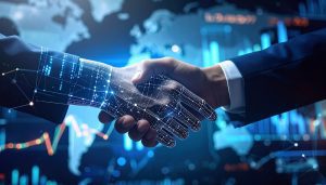 Human-AI Collaboration: A fusion of human and artificial intelligence as they come together, captured in a high-tech environment, forming a symbolic handshake that embodies partnership and innovation.