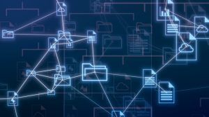 abstract network with clouds and different file and folder icons, sharing data, concept of cloud computing, document management system, data management
