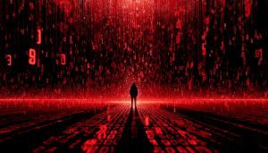 Torrent of red ones and zeros falling in front of a dark hooded cyber crime hacker figure. Concept of dangers of hackers using AI.