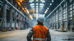 Engineer and empty factory hall or warehouse, representing the relocation of a production base, moving production bases to foreign countries, supply chain management