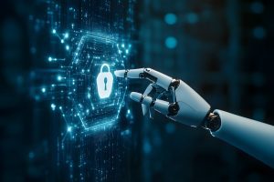 Robotic hand interacting with digital lock, AI cybersecurity, futuristic technology, data protection, secure network, cyber defense, artificial intelligence security, digital safety, secure