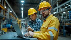 Factory Workers Using Laptop for Production Monitoring and Analysis